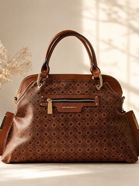 Big Buddha Logo-Printed Dome  Satchel/Crossbody Monogram Walnut Brown Boho-Chic